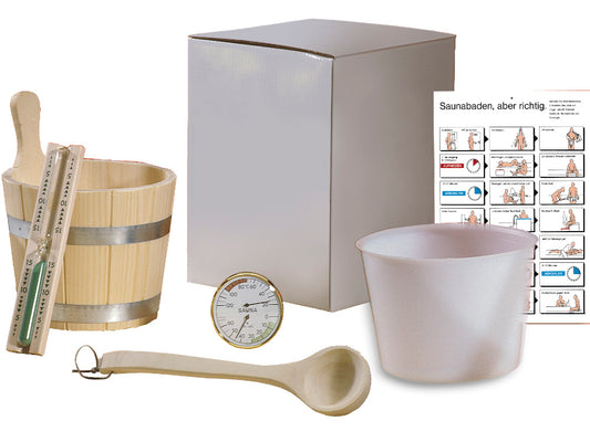 Sauna Set, 5-teilig: Aufgusskübel, Kübeleinsatz, Schöpfkelle, Sanduhr, Klimamesser Ø 100 mm