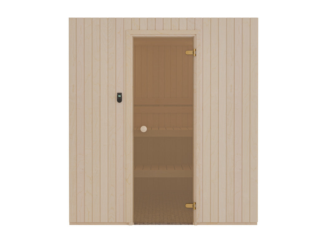 AUROOM Sauna Bausatz "Tradition M" aus Espe, Saunaofen mit externer Steuerung, Tiefe: 1,90 m; Breite: 2,00 m; Höhe; 2,05 m – Bild 7