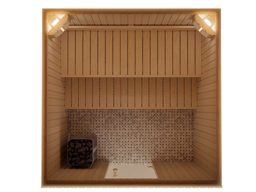 AUROOM Sauna Bausatz "Tradition M" aus Espe, Saunaofen mit externer Steuerung, Tiefe: 1,90 m; Breite: 2,00 m; Höhe; 2,05 m – Bild 6