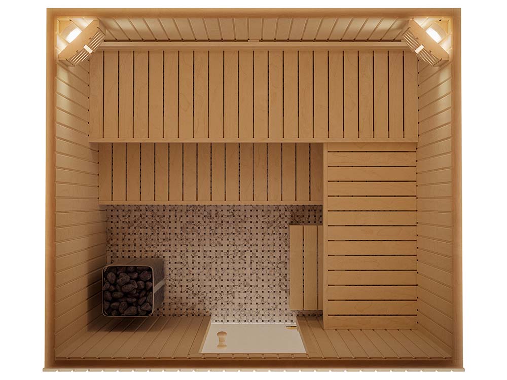AUROOM Sauna Bausatz "Tradition L" aus Espe, Saunaofen mit externer Steuerung, Tiefe: 2,00 m; Breite: 2,30 m; Höhe; 2,05 m – Bild 6