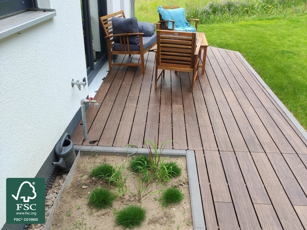 Moso-Bambus Terrassendielen, 20x137 mm  thermobehandelt, fein/glatt, roh, 3 Stk./Bund, seitlich genutet, stirnseitig Nut & Feder