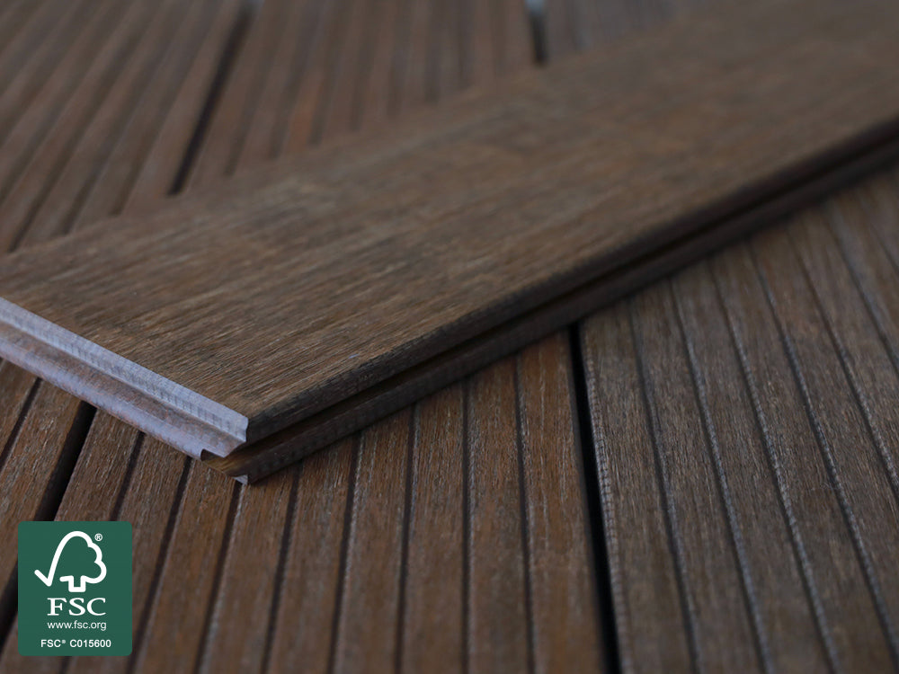Moso-Bambus Terrassendielen, 20x137 mm  thermobehandelt, fein/glatt, roh, 3 Stk./Bund, seitlich genutet, stirnseitig Nut & Feder