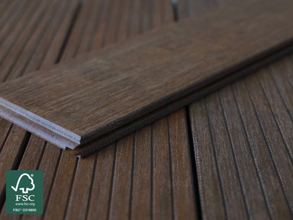 Moso-Bambus Terrassendielen, 20x137 mm  thermobehandelt, fein/glatt, roh, 3 Stk./Bund, seitlich genutet, stirnseitig Nut & Feder