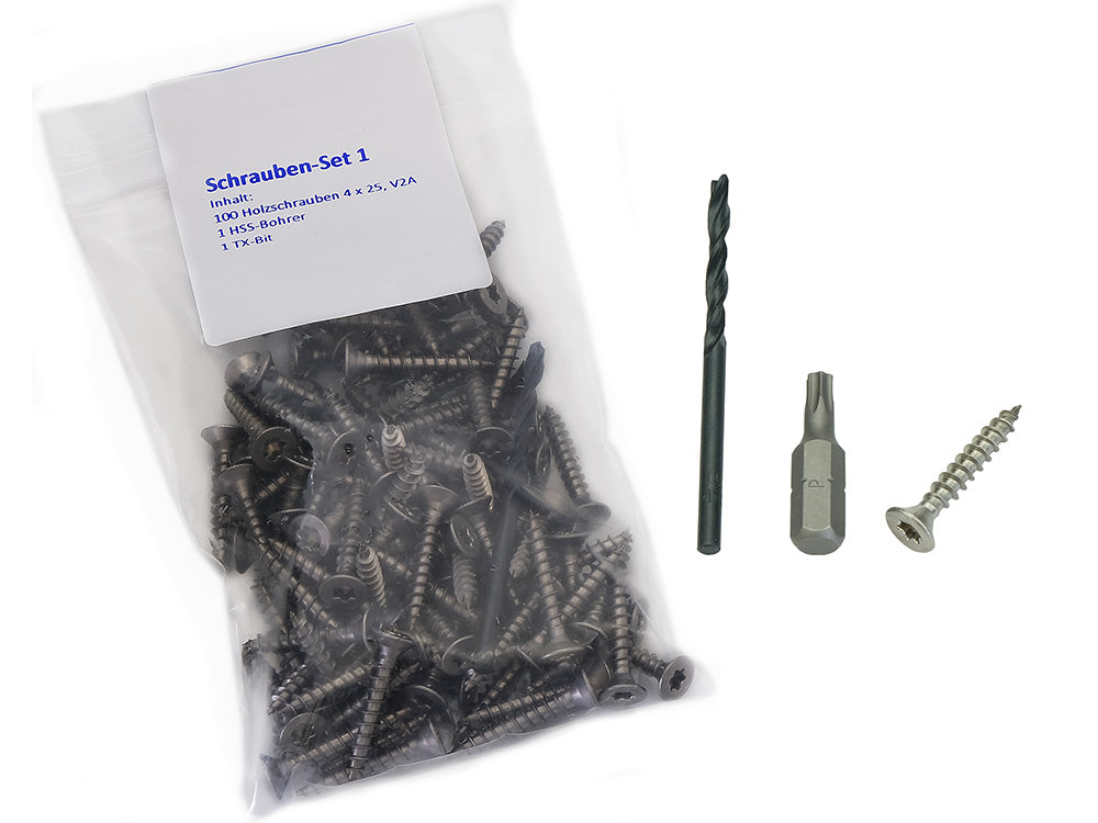 Kovalex® Schraubenset 1 für Dielenclip & Anfangs- / Endclips auf WPC-UK, 100 Schrauben 4,0x25 mm, V2A, Senkkopf, TX20, 1 Bohrer 3,2 mm, 1 Bit TX20