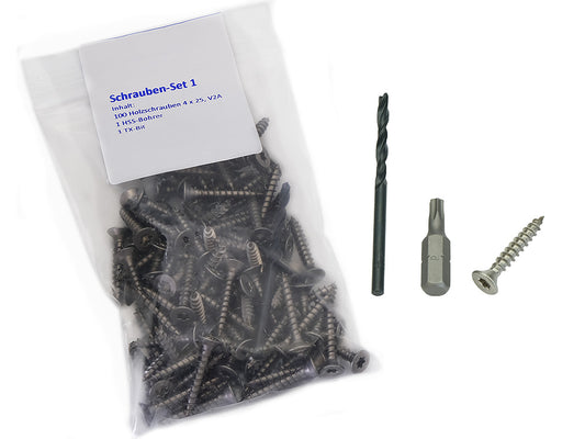 Kovalex® Schraubenset 1 für Dielenclip & Anfangs- / Endclips auf WPC-UK, 100 Schrauben 4,0x25 mm, V2A, Senkkopf, TX20, 1 Bohrer 3,2 mm, 1 Bit TX20
