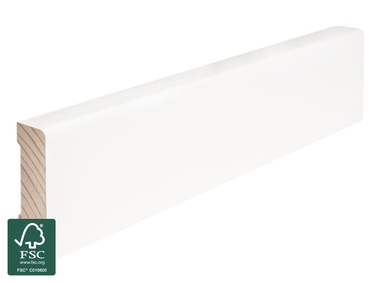 Kiefer Sockelleisten, 16x40 mm "Rundkante", im Prinzip astrein, massiv, weiß lackiert, RAL 9016, 10 Stk. pro Bund
