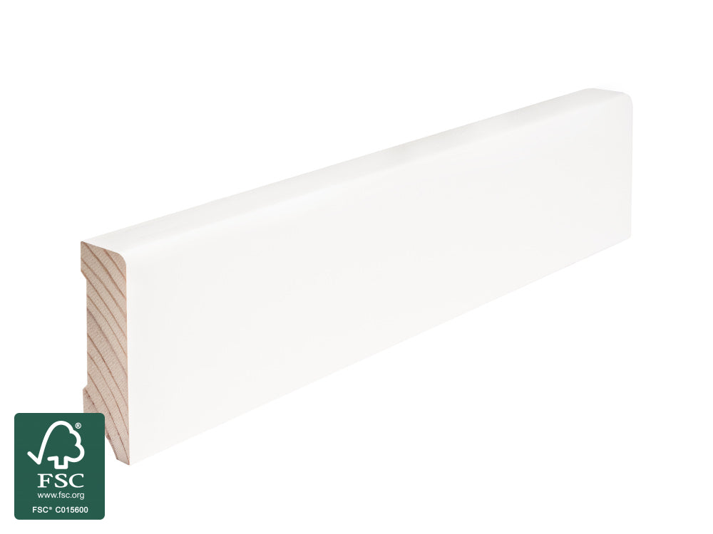 Kiefer Sockelleisten, 16x58 mm "Rundkante", im Prinzip astrein, massiv, weiß lackiert, RAL 9016, 10 Stk. pro Bund