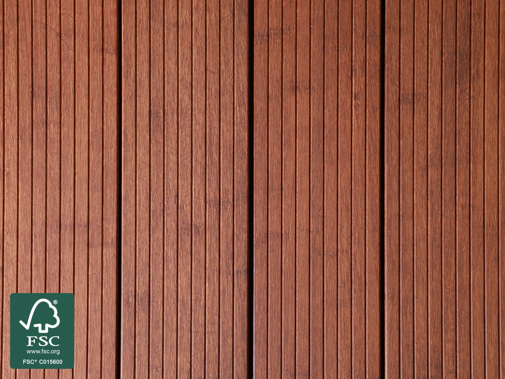 Moso-Bambus Terrassendielen, 20×137mm, fein/glatt, vorgeölt coffee, 3 Stk./Bund, mineralveredelt, seitlich genutet, stirnseitig Nut & Feder