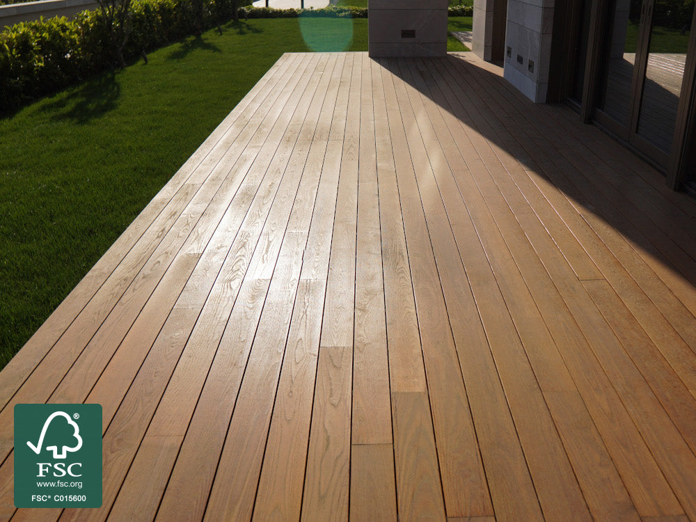 KAHRS Thermoesche Terrassendielen, 20×115mm, seitlich genutet, Sichtseite glatt gehobelt, Rückseite egalisiert