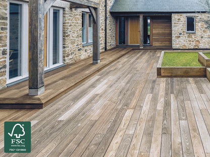 KAHRS Thermoesche Terrassendielen, 20×115mm, seitlich genutet, Sichtseite glatt gehobelt, Rückseite egalisiert