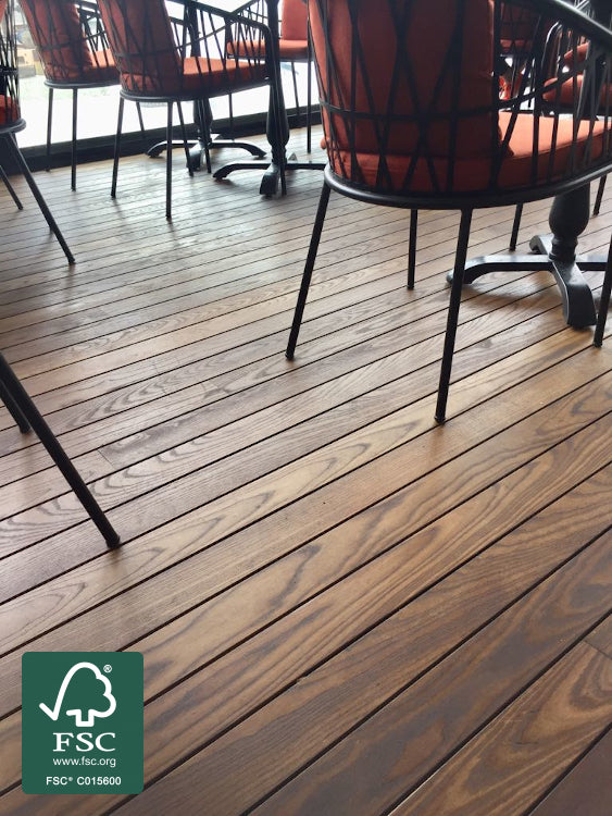 KAHRS Thermoesche Terrassendielen, 20×115mm, seitlich genutet, Sichtseite glatt gehobelt, Rückseite egalisiert