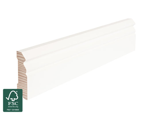 Kiefer Sockelleisten, 16x58 mm "Berliner Profil", im Prinzip astrein, massiv, weiß lackiert, RAL 9016, 10 Stk. pro Bund