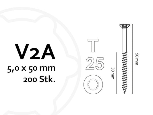 KAHRS Holzbauschrauben, 5,0x50 mm, V2A, TX25, 200 Stk./VE, mit verstärktem Senkkopf