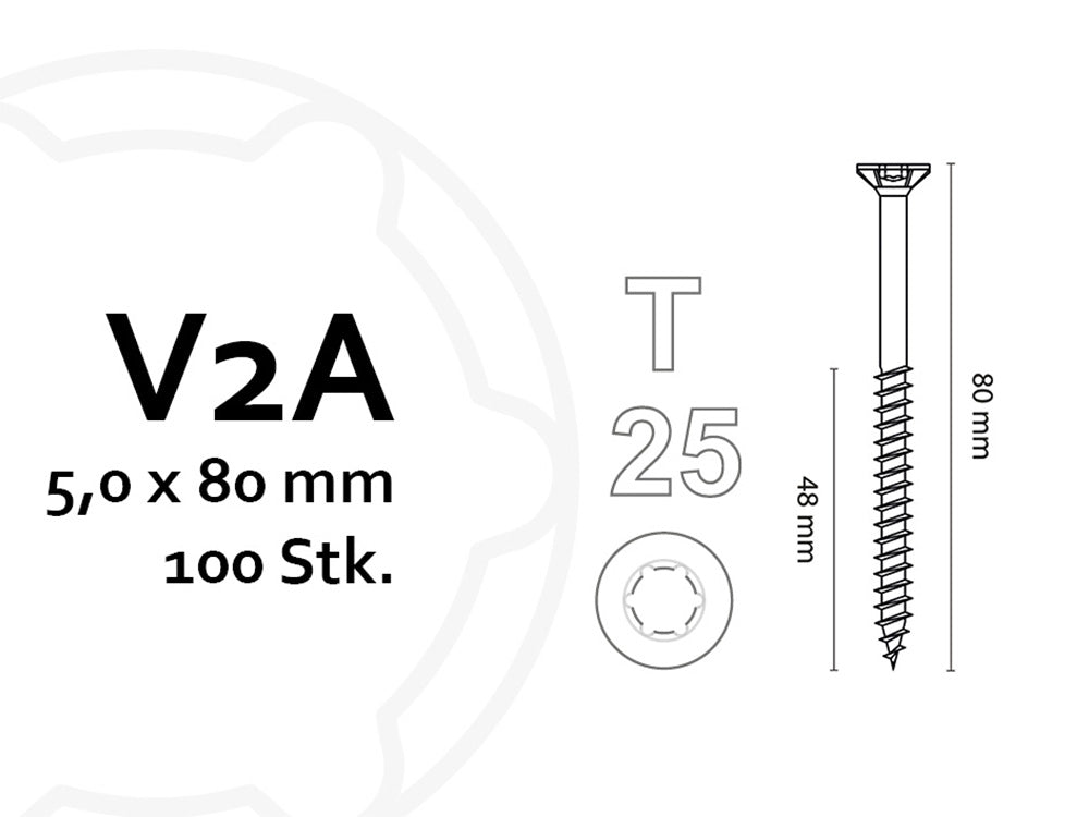 KAHRS Holzbauschrauben, 5,0x80 mm, V2A, TX25, 100 Stk./VE, mit verstärktem Senkkopf