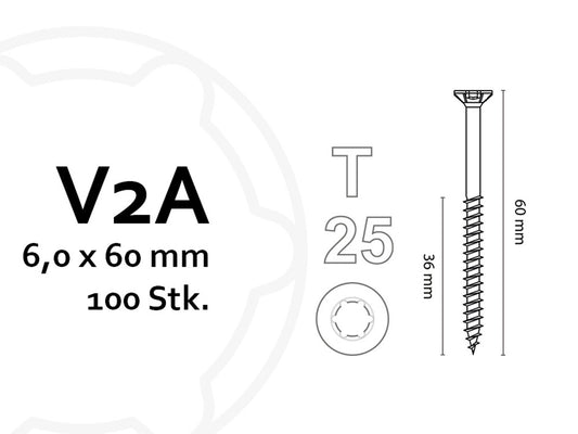 KAHRS Holzbauschrauben, 6,0x60 mm, V2A, TX25, 100 Stk./VE, mit verstärktem Senkkopf