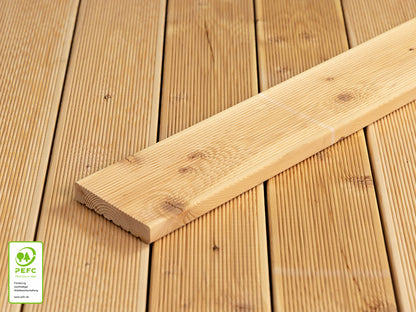 Kanadische Lärche Terrassendielen, 27x143 mm, KD, grob/fein