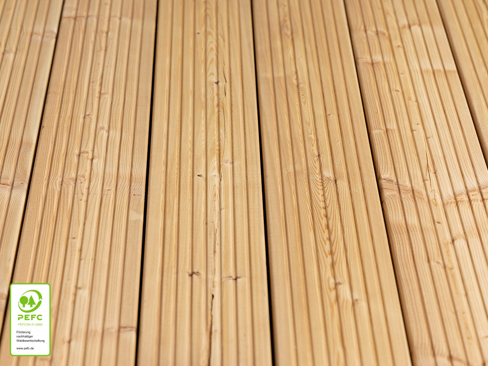 Kanadische Lärche Terrassendielen, 27x143 mm, KD, grob/fein