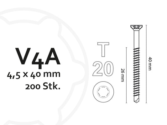 KAHRS Terrassenbohrschrauben, 4,5x40 mm, V4A, TX20, 200 Stk./VE, für Alu-UK