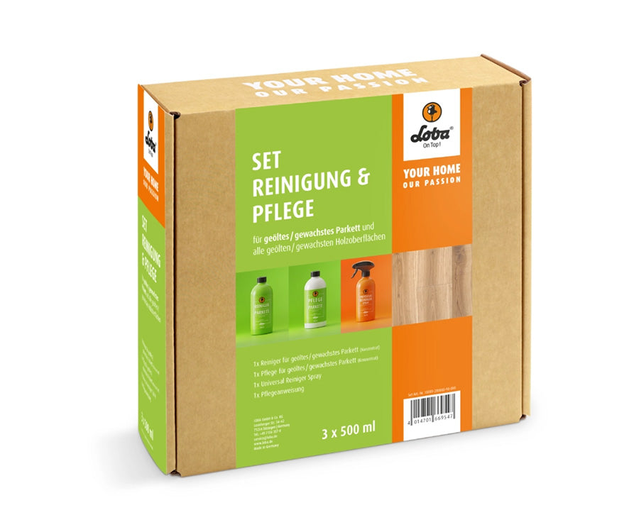LOBA Set Reinigung & Pflege für geöltes | gewachstes Parkett, 3x 500 ml, bestehend aus: 1 x Reinigerkonzentrat, 1x Pflegekonzentrat, 1x Reinigerspray