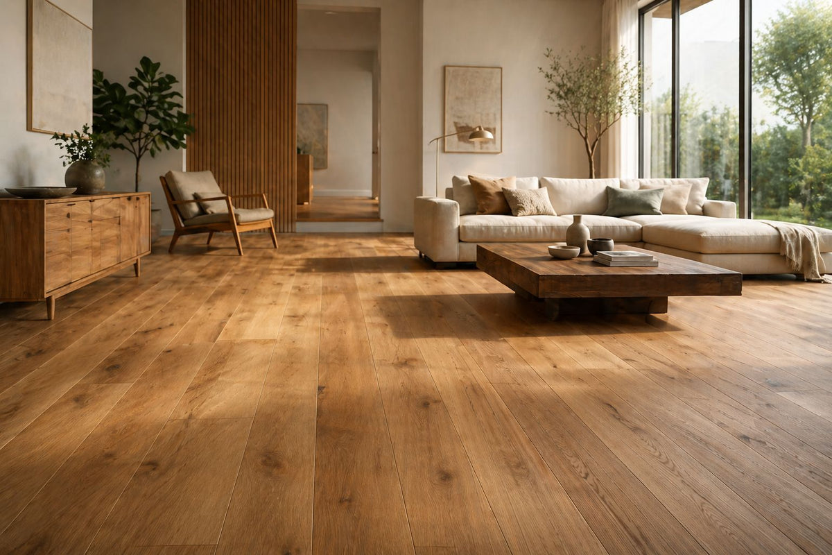 Innenraum mit Holzboden, Wohnzimmer mit Massivholzdielen