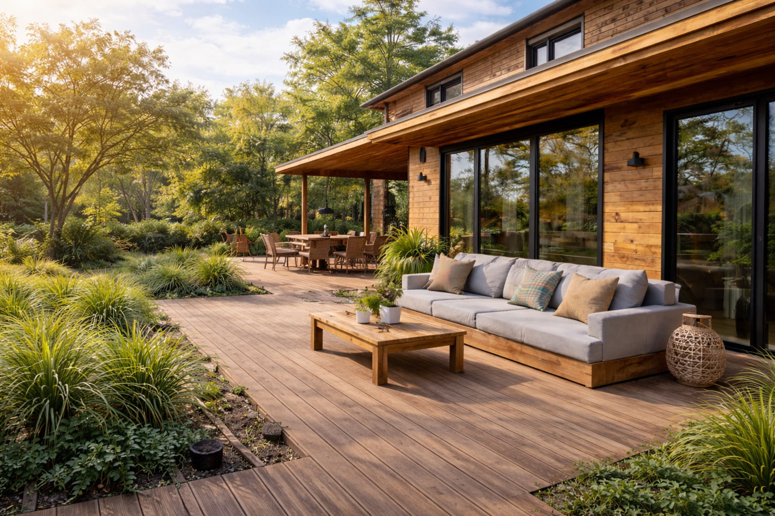 Moderne Holzterrasse mit Lounge-Möbeln vor Haus mit Holzfassade im Garten